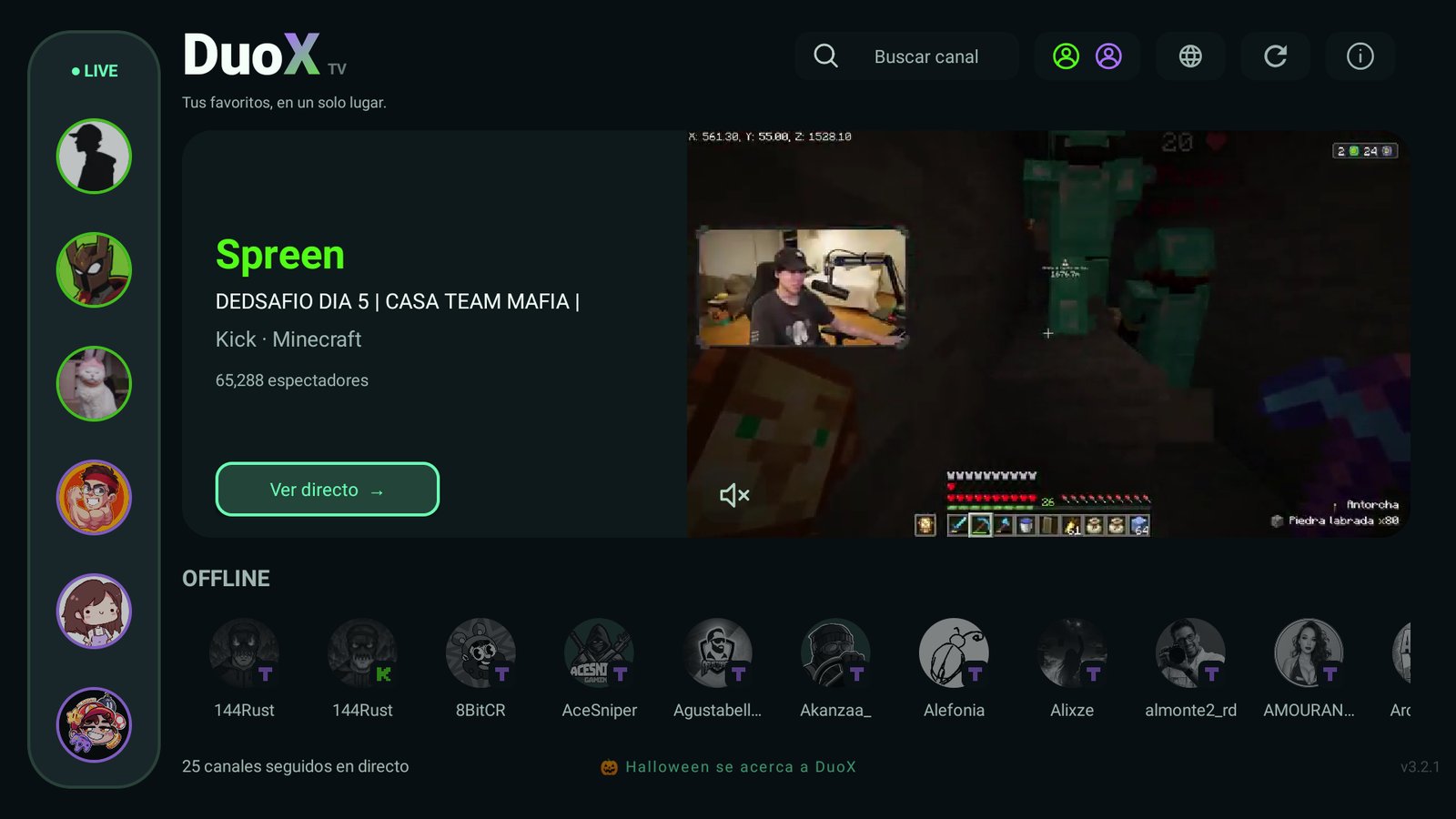 Inicio de DuoX TV con Spreen en directo (DEDSAFIO), preview y panel LIVE con tus canales