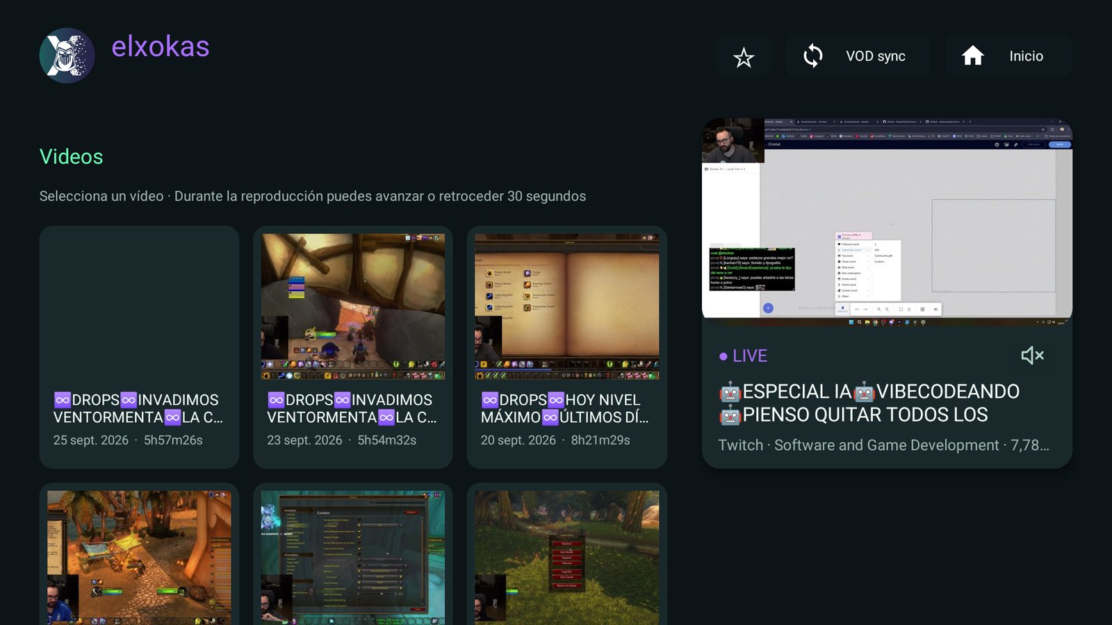 Perfil de elxokas con preview en directo y lista de VOD